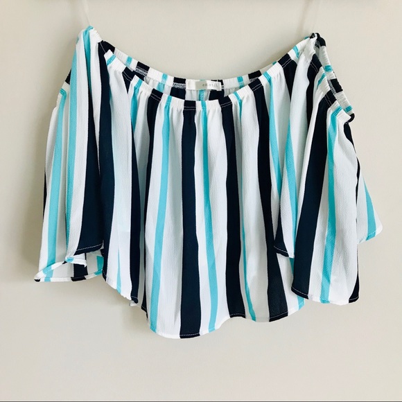 Navy/Mint Striped Off-the-shoulder Crop Top - Picture 2 of 5